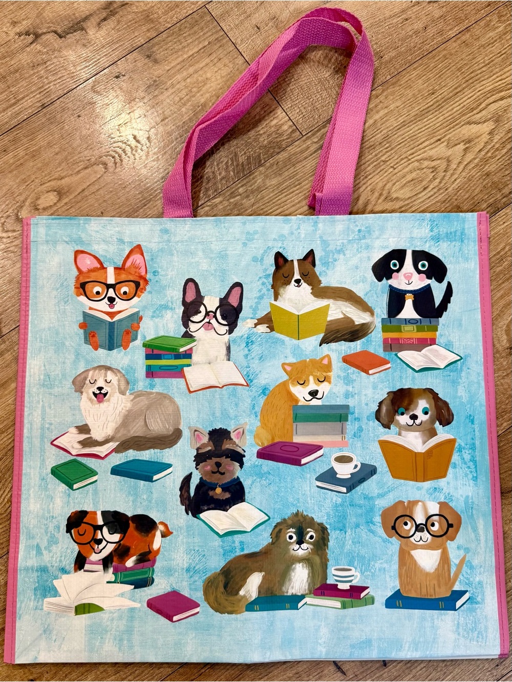 Dogs 🐶🐾with Books 📚Coffee Tote Light Blue & Pink Handles.